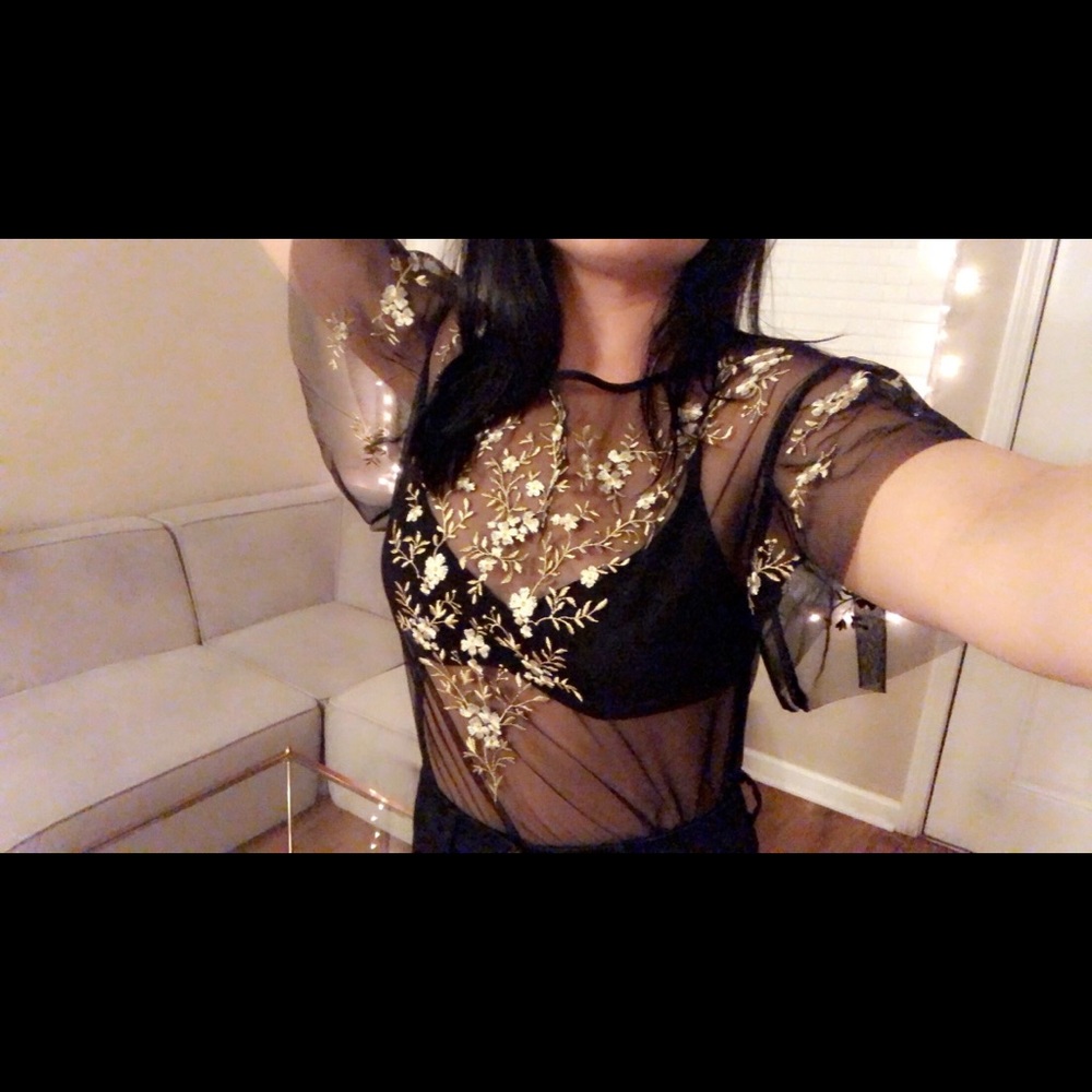 Express Sheer Blouse with Gold Embroidery